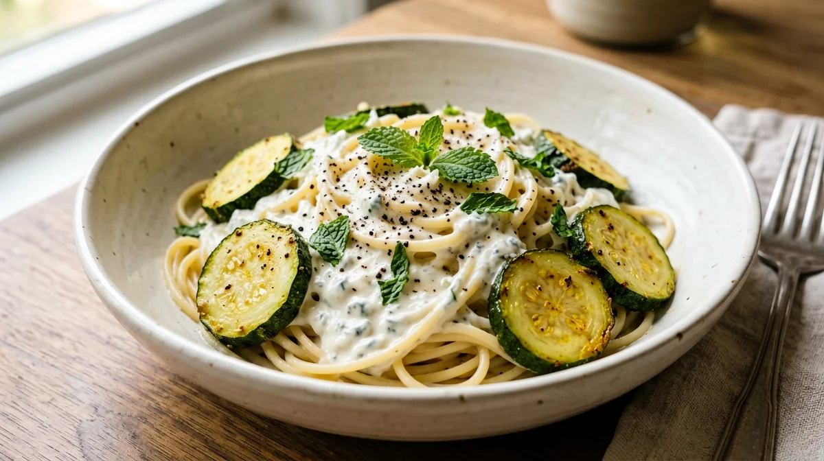 Spaghetti con zucchine, menta e ricotta al pecorino