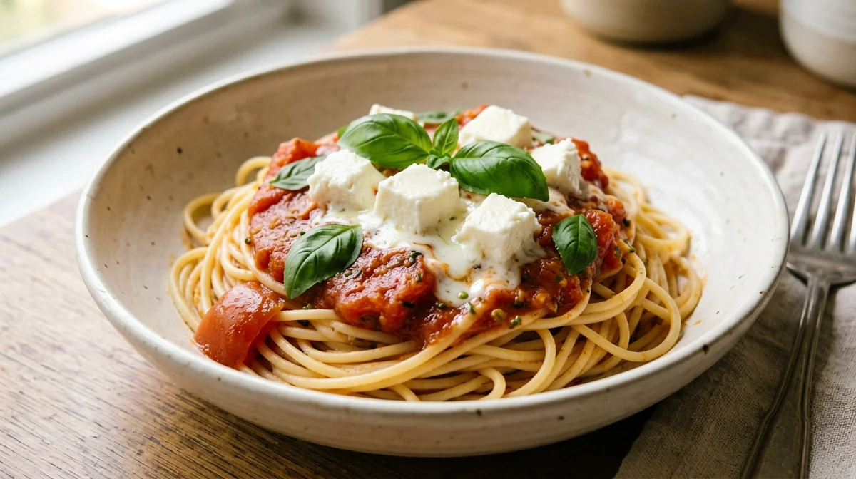 Spaghetti al pomodoro fresco e basilico con bufala a cubetti