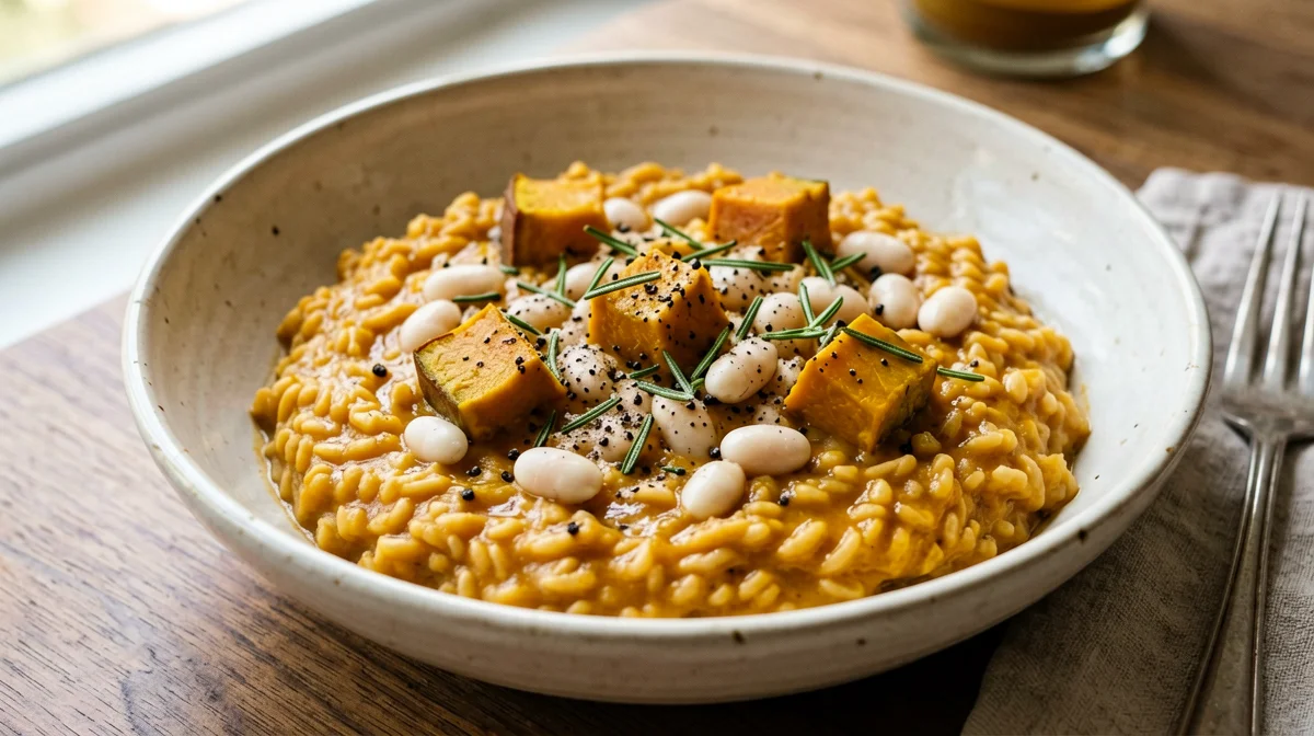 Pumpkin and rosemary risotto with cannellini beans