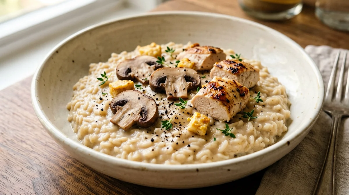 Risotto ai funghi champignon con petto di pollo e timo