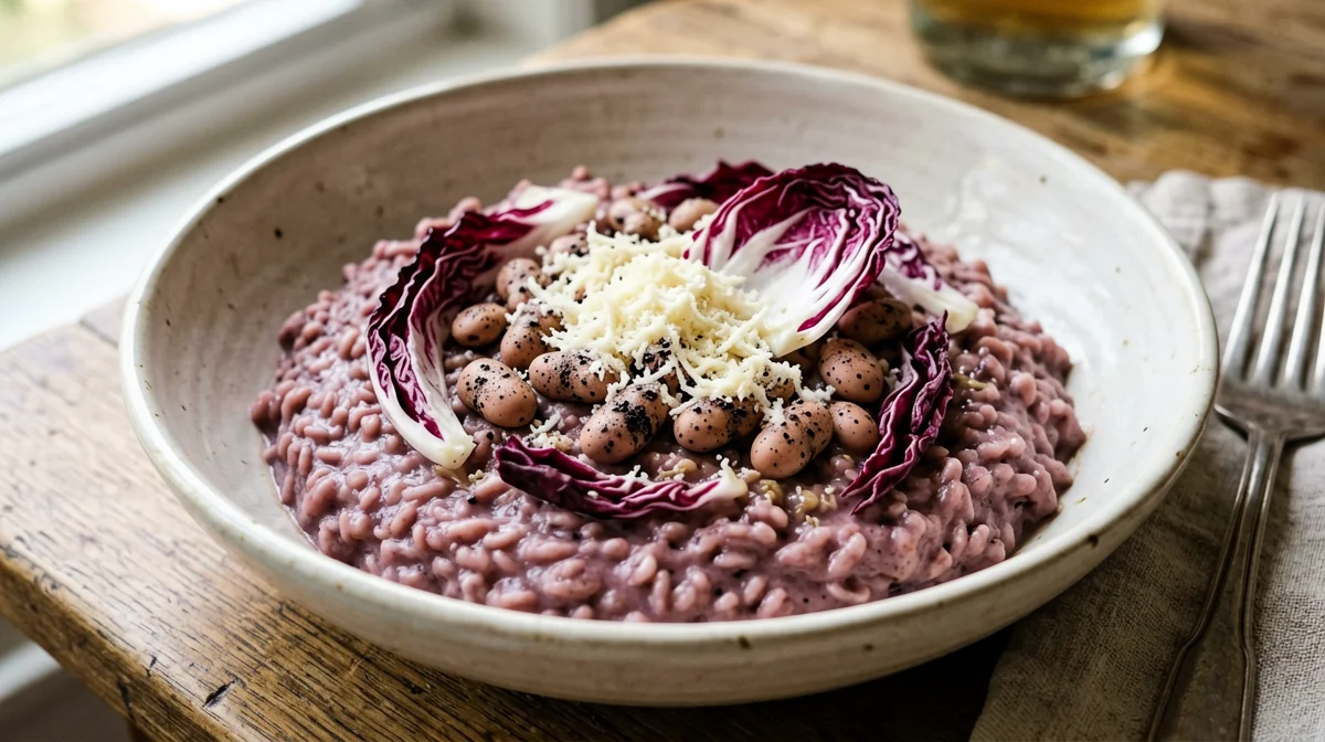 Radicchio risotto with borlotti beans and Grana