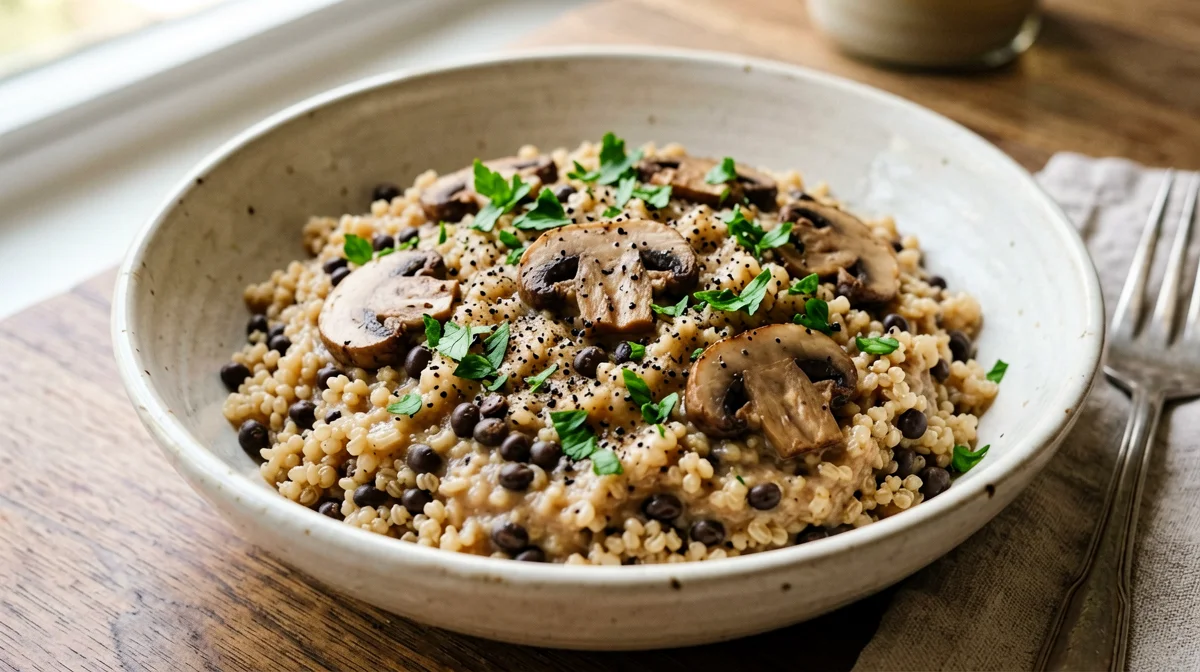 Mushroom farrotto with lentils and parsley