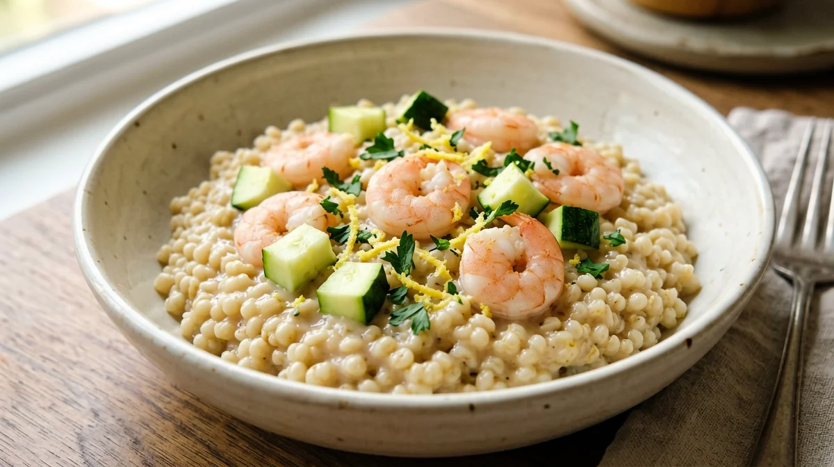 Orzotto con zucchine, gamberi e scorza di limone