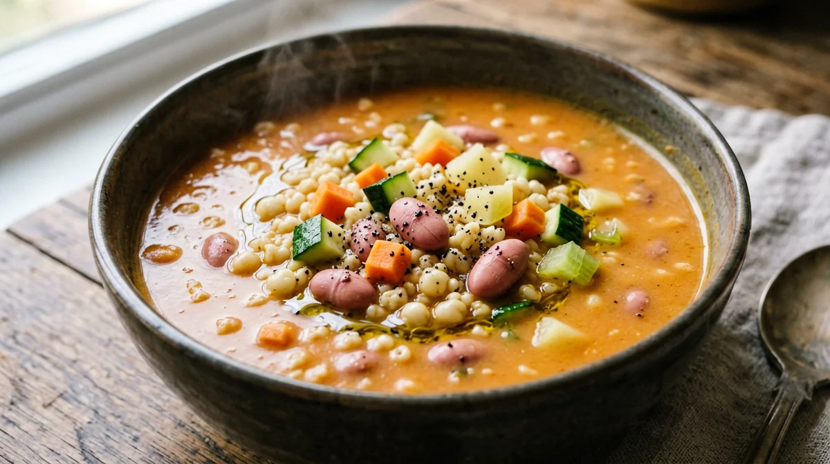 Barley, potato and borlotti minestrone with basil