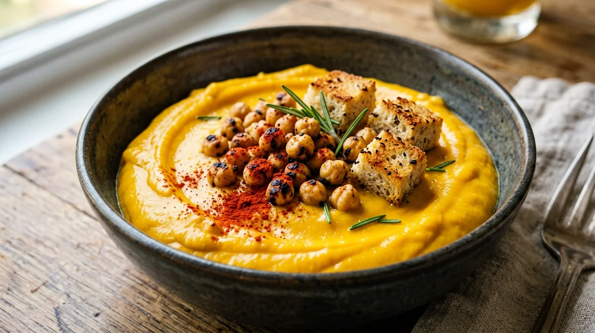 Pumpkin and potato cream with paprika-roasted chickpeas