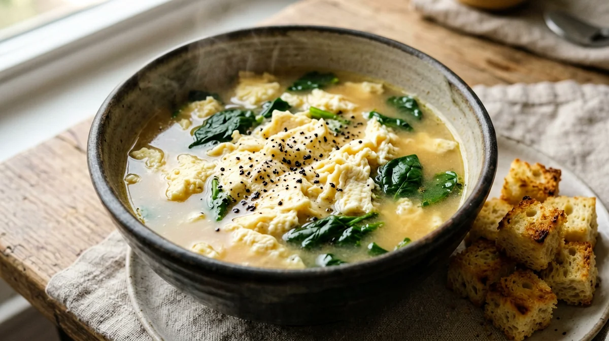 Roman stracciatella with spinach and croutons