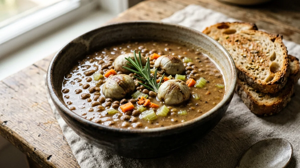 Zuppa di lenticchie e castagne con rosmarino