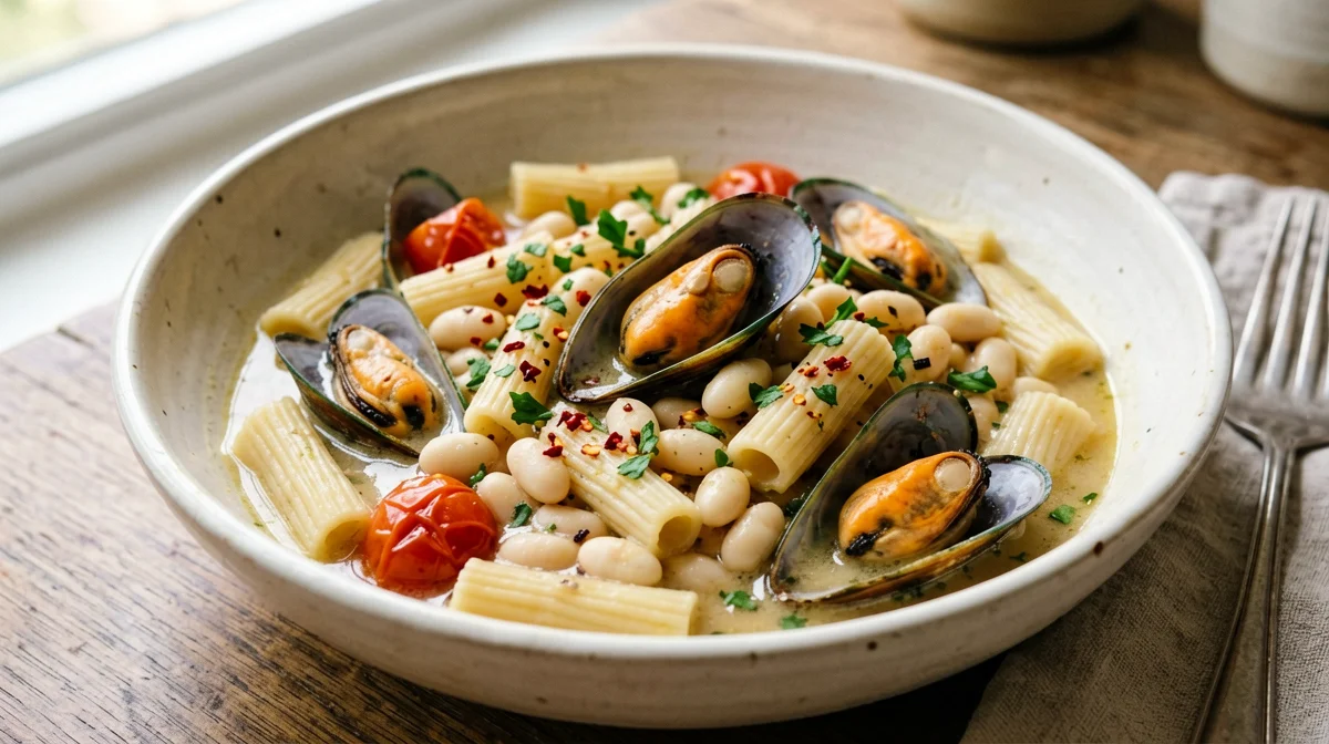 Mezzi rigatoni with mussels and beans