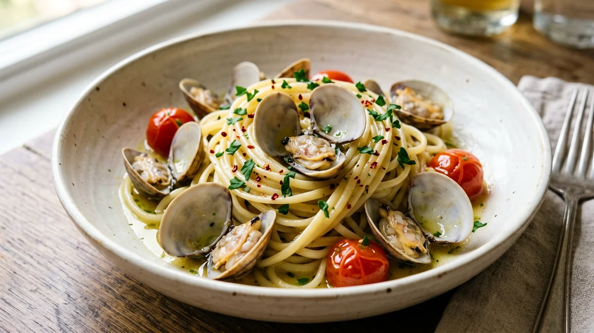 Linguine with clams, cherry tomatoes and parsley