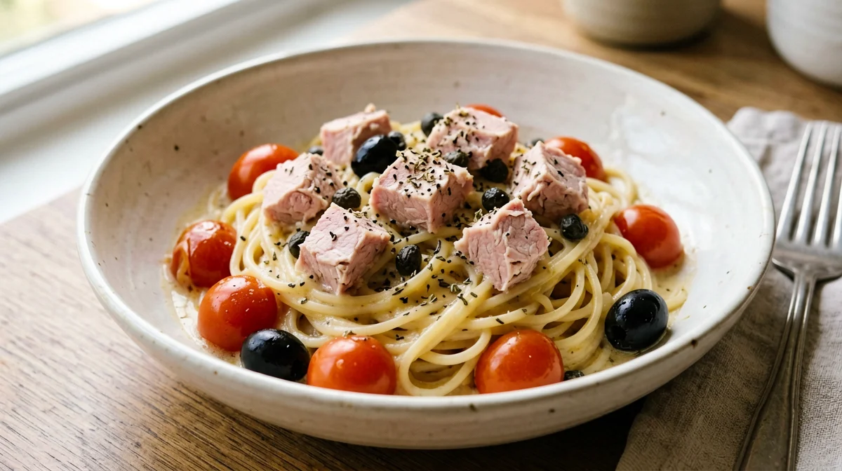 Spaghetti al tonno fresco, capperi e olive