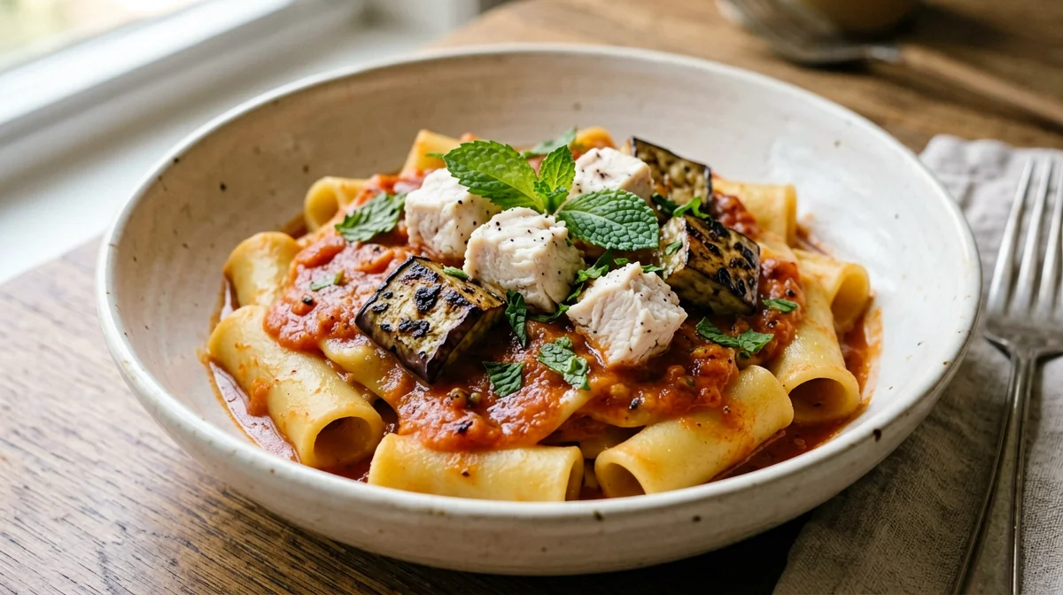 Paccheri with swordfish and aubergine sauce