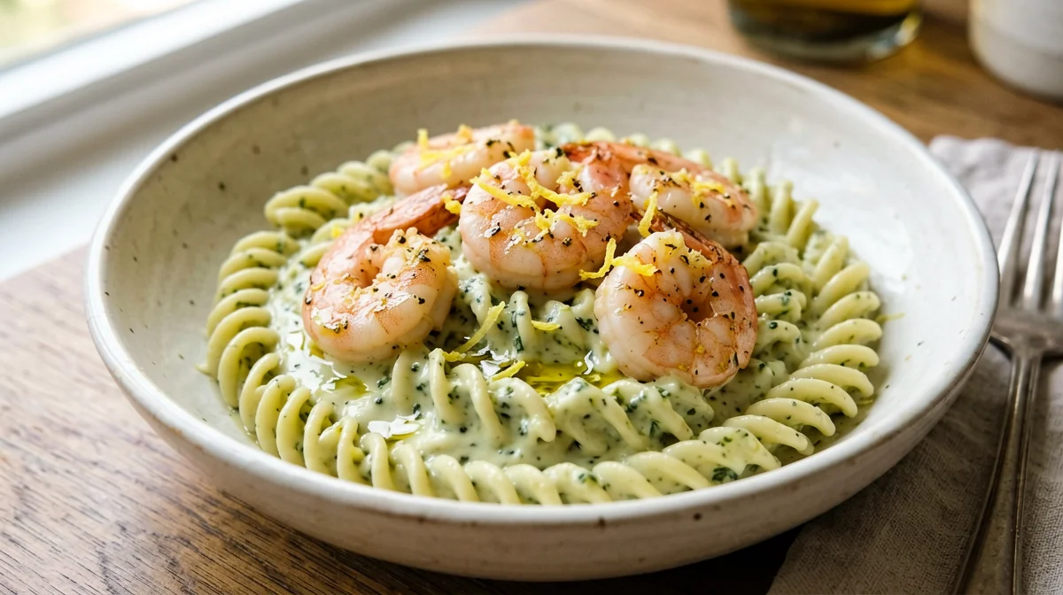 Busiate with pistachio-basil pesto and sautéed prawns