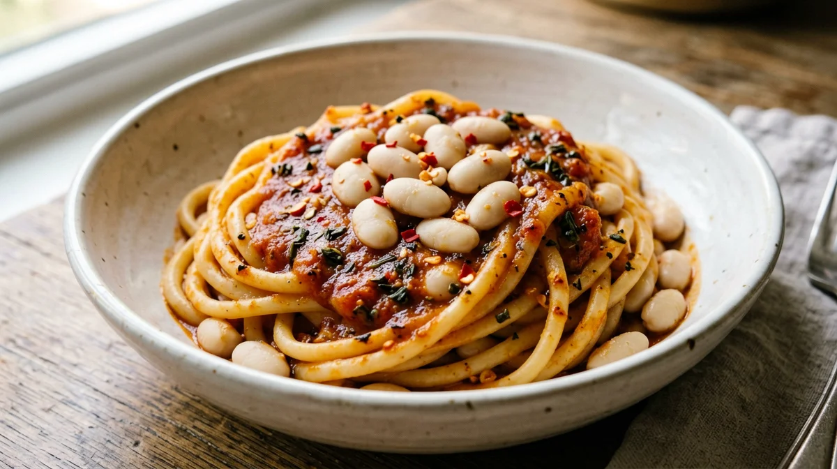 Pici all'aglione with cannellini beans