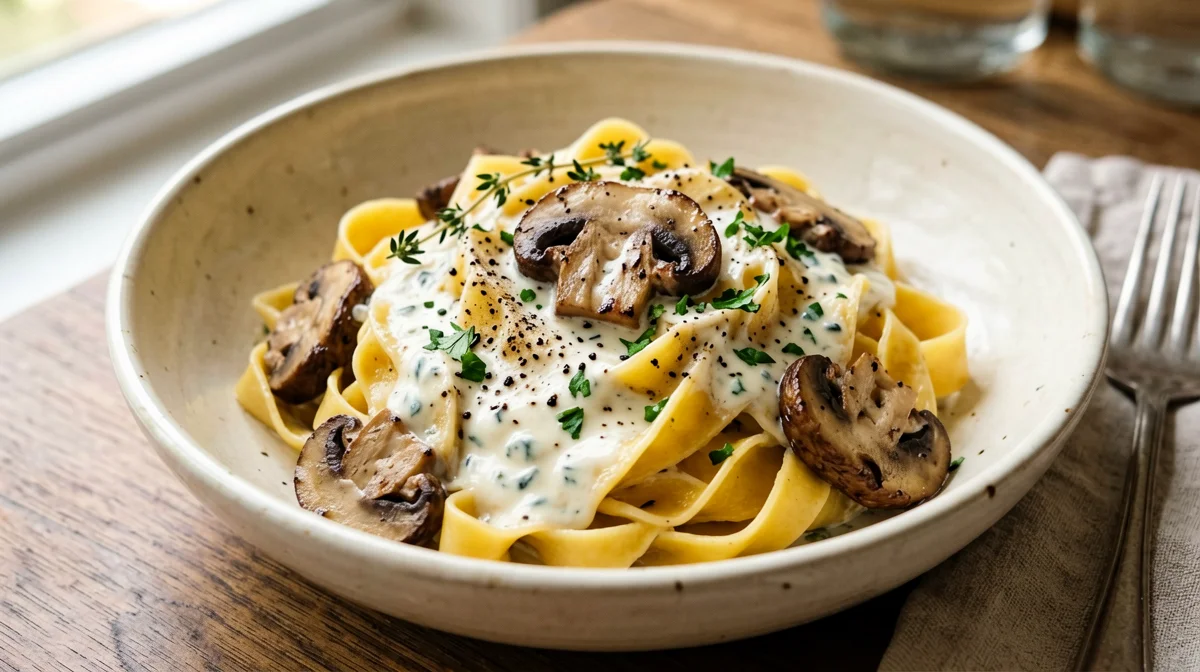 Egg tagliatelle with mushrooms, ricotta and thyme