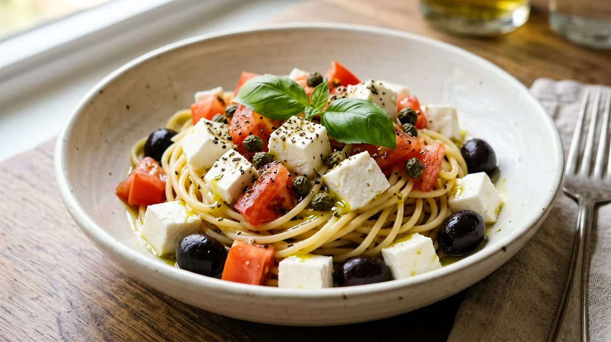 Pasta alla crudaiola con mozzarella, olive e capperi