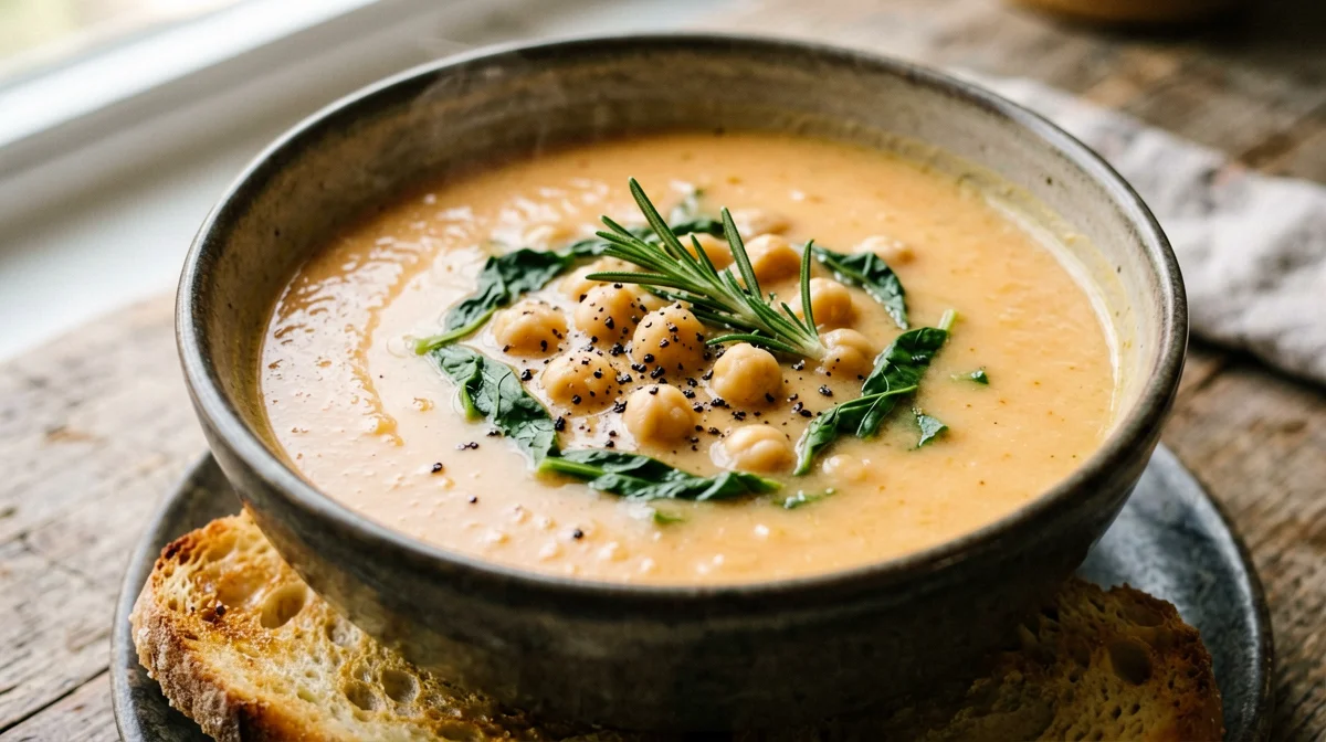 Zuppa di ceci e bietole con crostini all'aglio