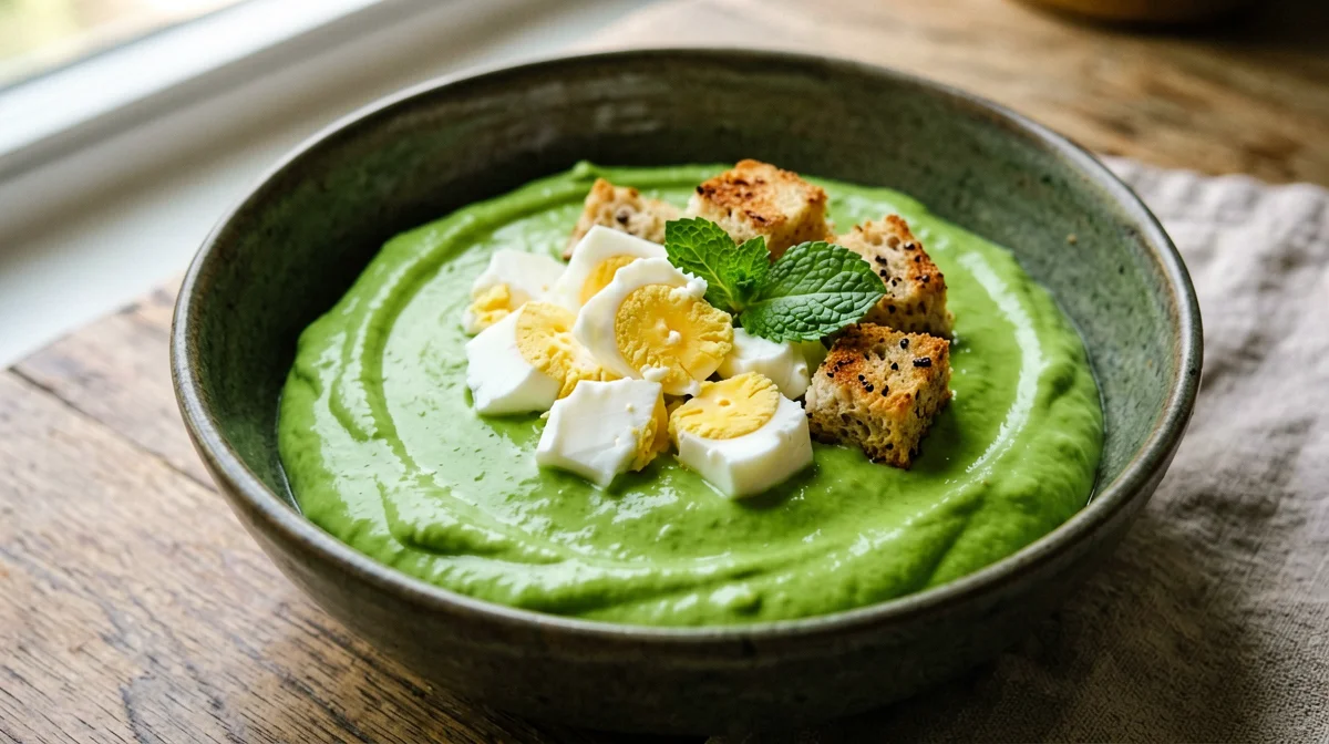 Vellutata di piselli e menta con uovo sodo e crostini