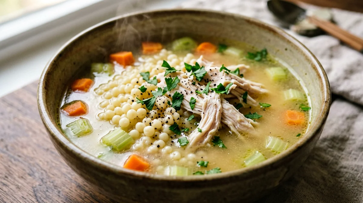 Barley and vegetable soup with shredded chicken