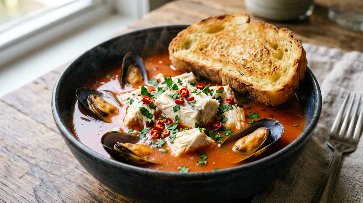Cod and mussel tomato soup with croutons