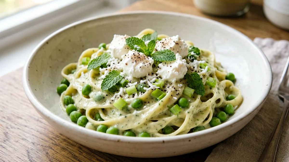 Pasta e fave novelle con ricotta e cipollotto