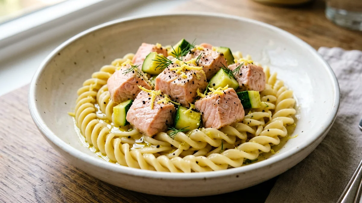Strozzapreti with salmon, zucchini and lemon
