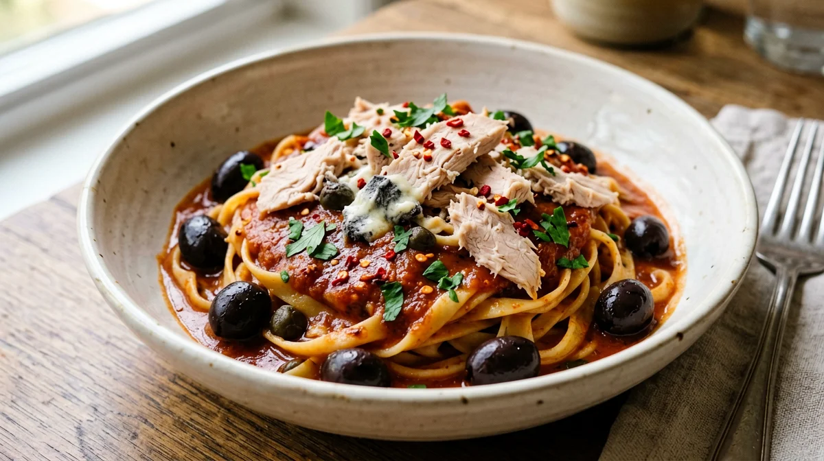 Linguine puttanesca with tuna in water