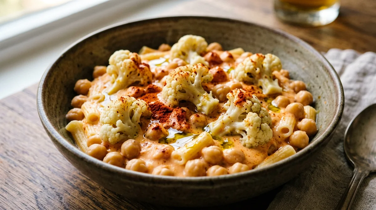 Pasta and cauliflower with chickpeas and sweet paprika