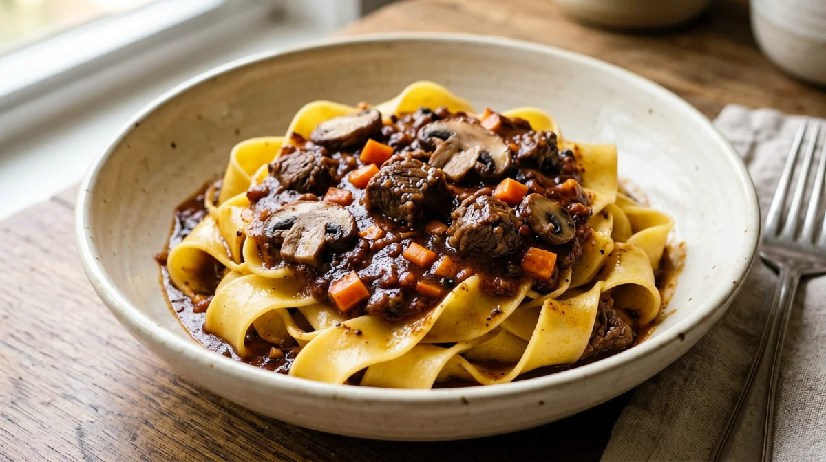 Pappardelle con cinghiale in umido e funghi