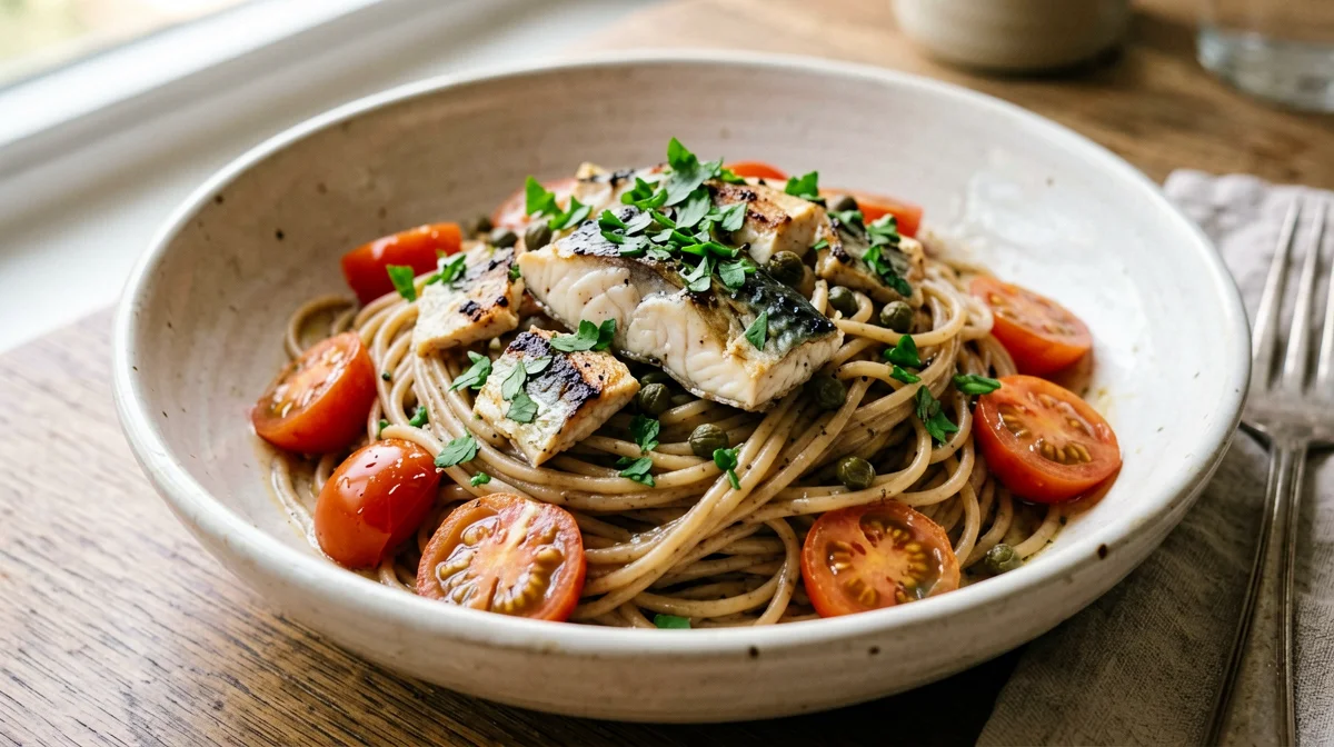 Spaghetti integrali con ragù di sgombro e pomodorini