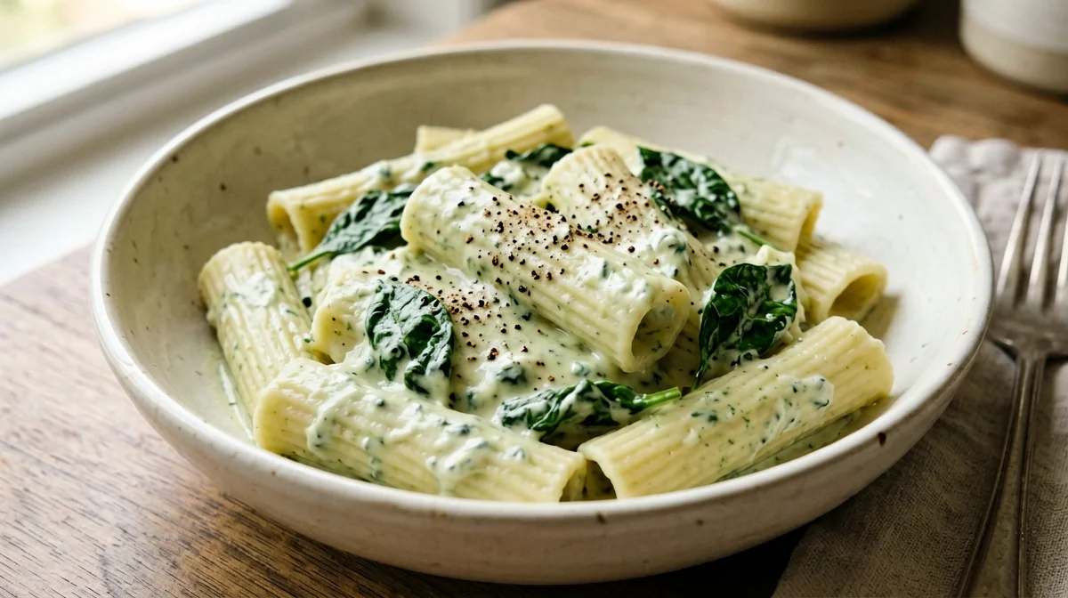 Rigatoni with ricotta, spinach and nutmeg