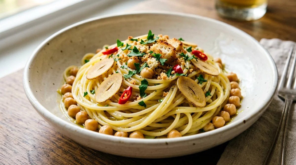 Spaghetti aglio, olio e peperoncino con ceci e mollica