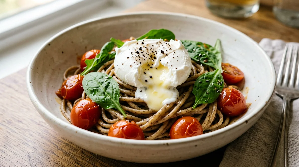 Wholewheat pasta with cherry tomatoes, rocket and burrata