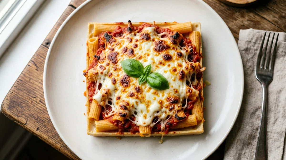 Light baked pasta with tomato and light mozzarella
