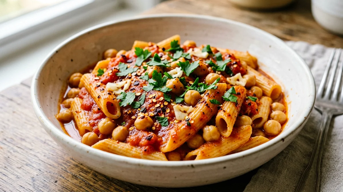 Penne arrabbiata with chickpeas and parsley