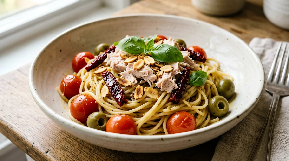 Pasta alla siciliana con tonno, pomodori secchi e mandorle
