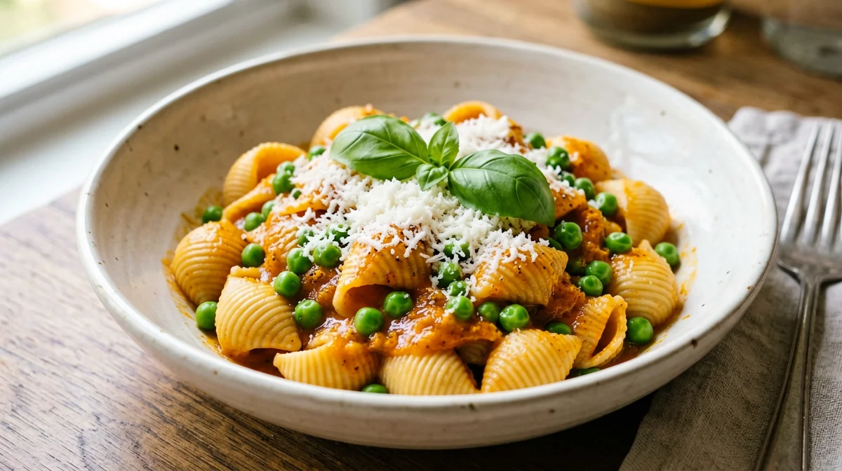 Malloreddus al pomodoro e zafferano con piselli e pecorino
