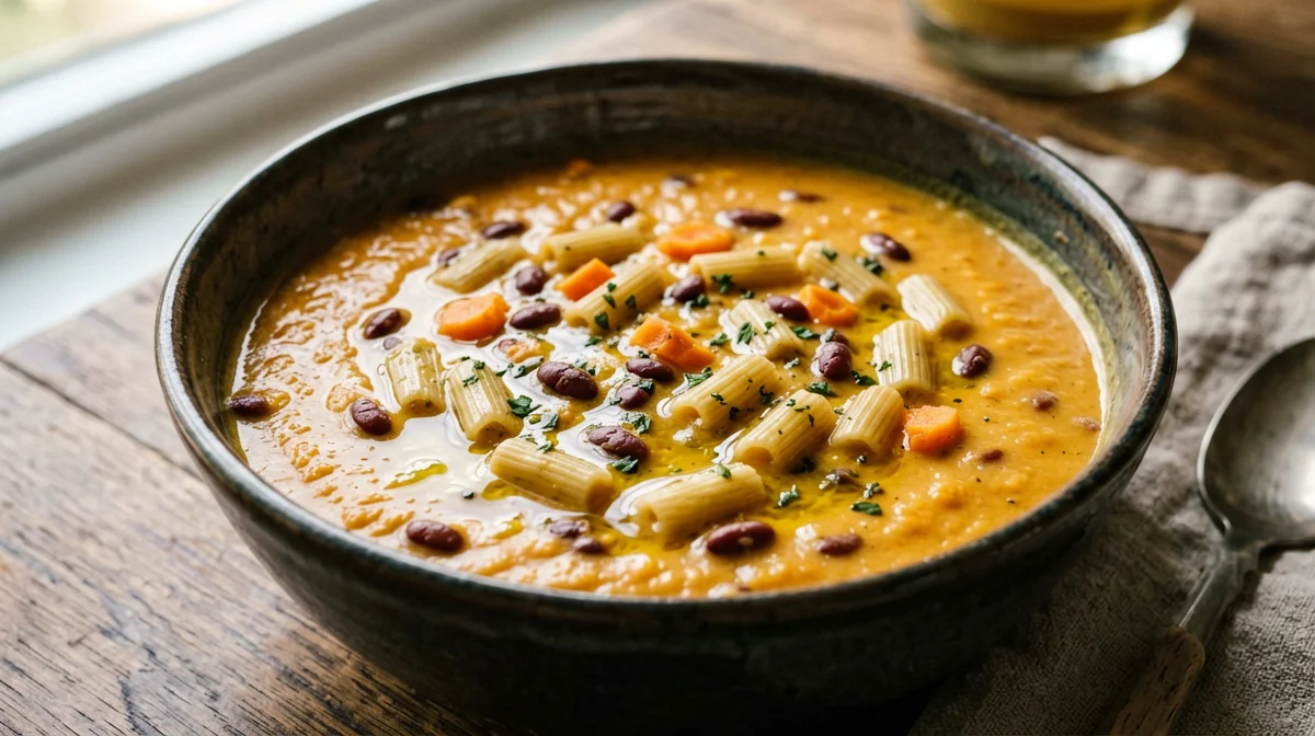 Pasta and red lentils with cumin and lemon