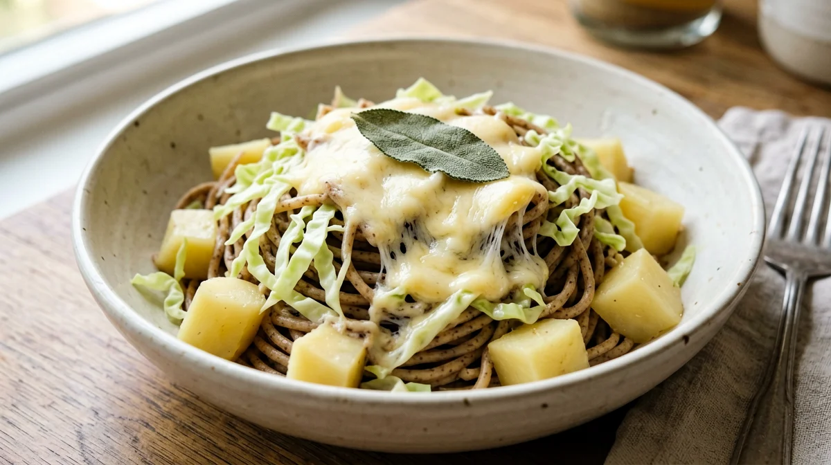 Wholewheat pasta with savoy cabbage, potatoes and fontina