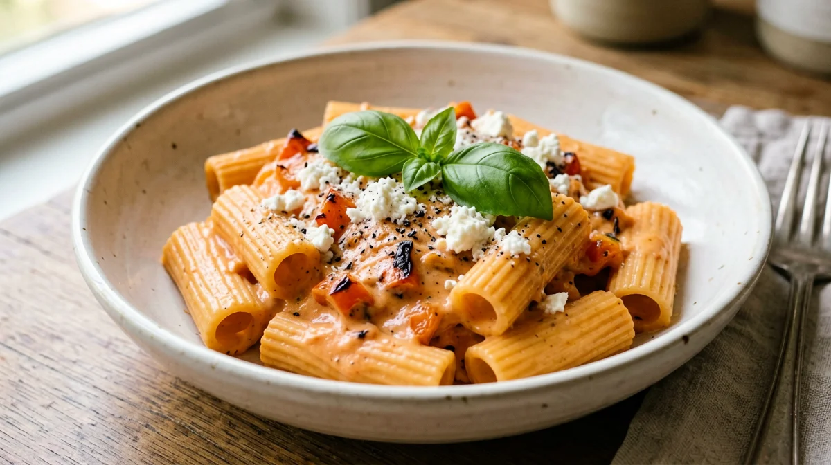 Tortiglioni with roasted pepper and ricotta cream