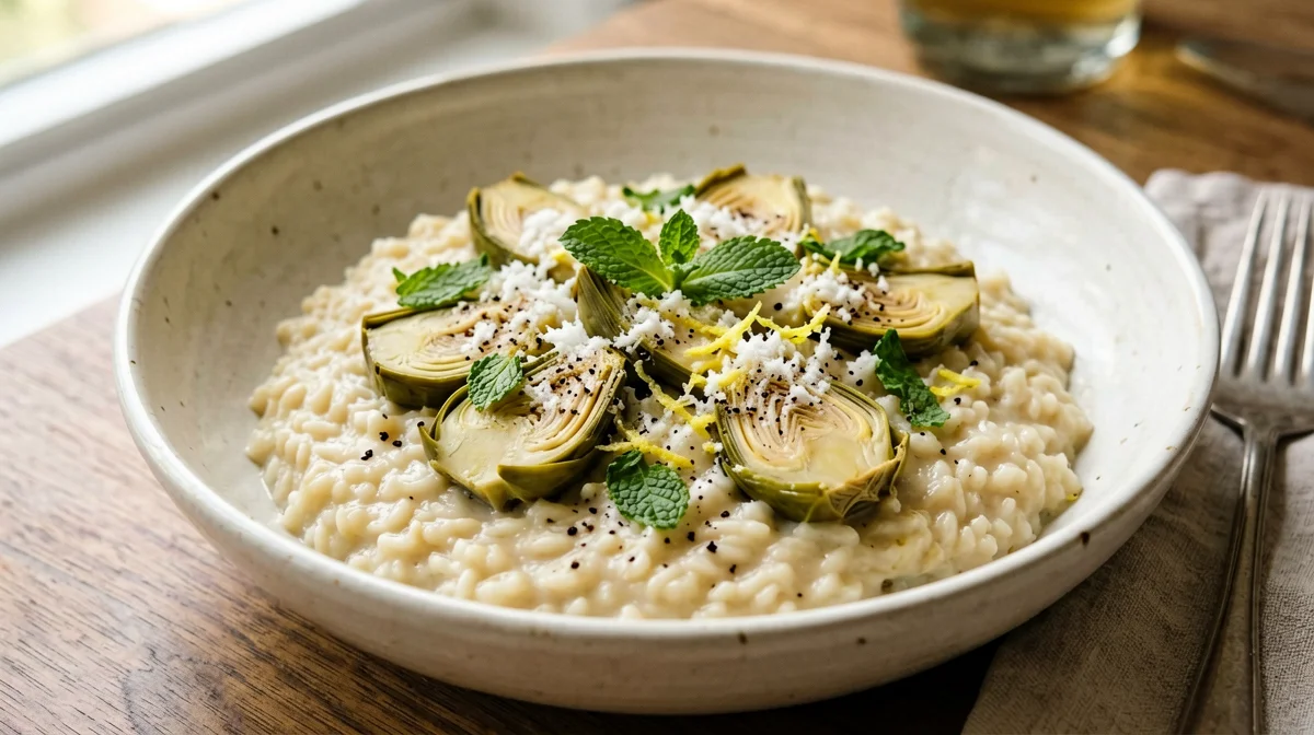 Braised artichoke risotto with Grana and lemon