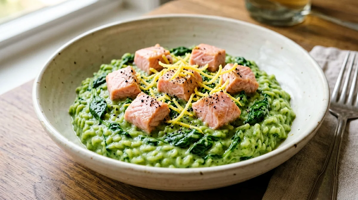 Spinach and salmon risotto with lemon zest