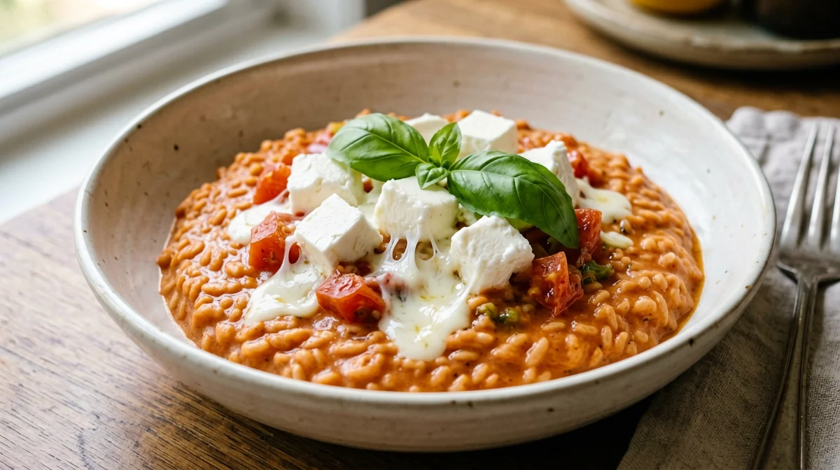 Fresh tomato and basil risotto with mozzarella