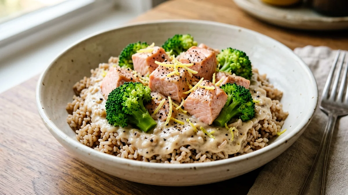 Brown rice risotto with broccoli and salmon