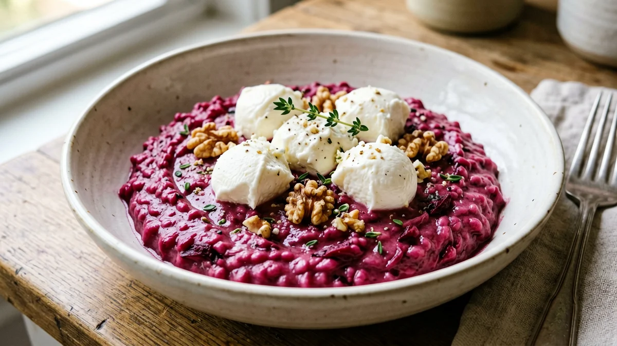 Red beetroot risotto with robiola and walnuts