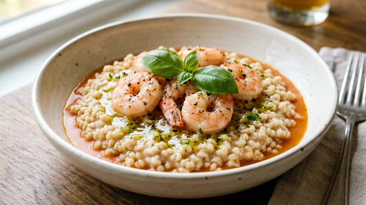 Farrotto al pomodoro con gamberi e basilico