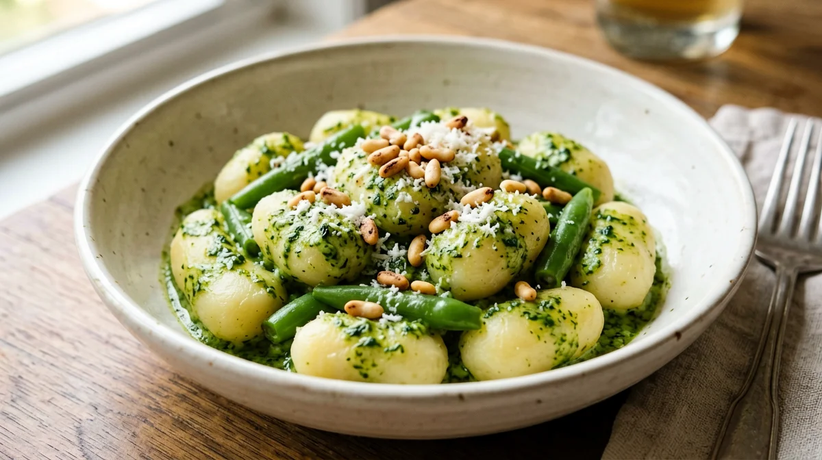 Gnocchi al pesto con fagiolini e pinoli tostati