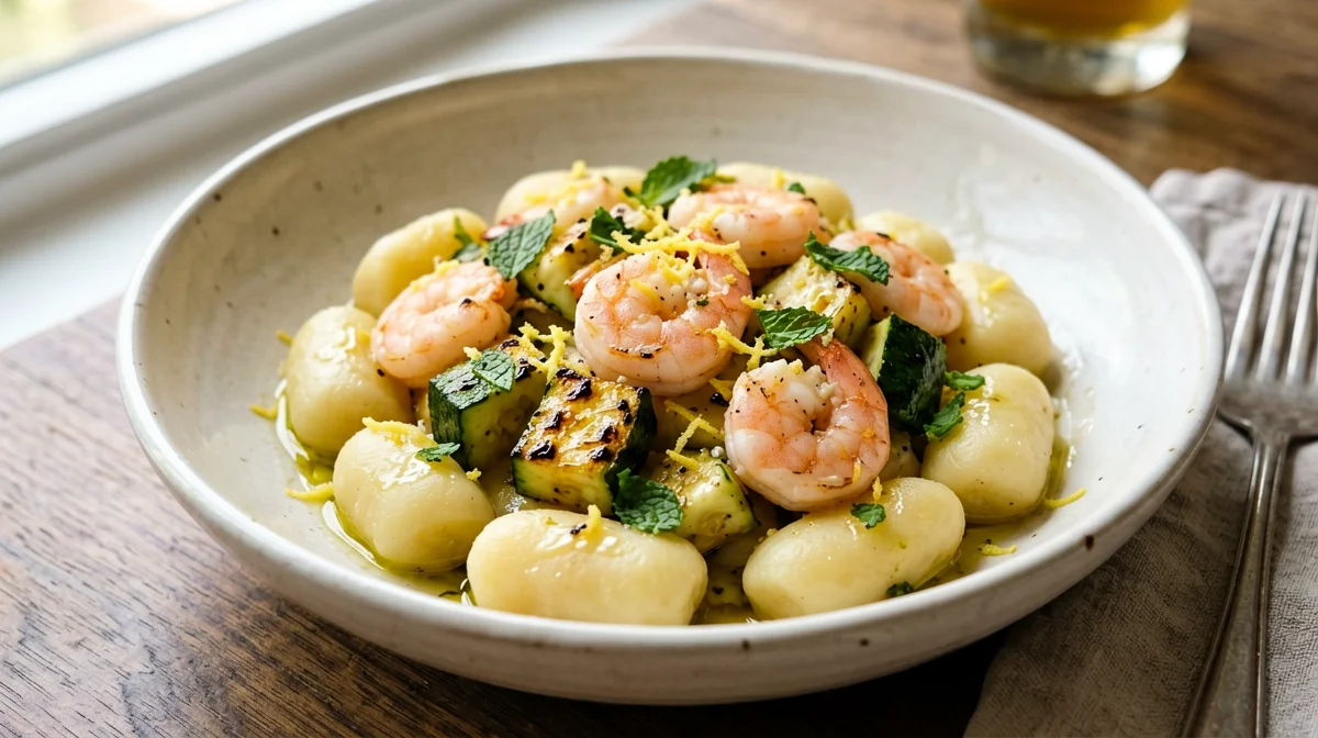 Gnocchi con zucchine, gamberi e limone