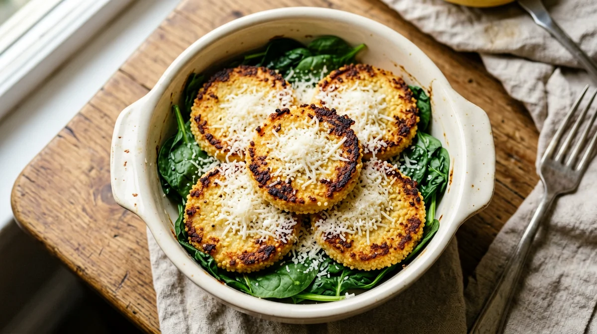 Semolina gnocchi baked on a bed of spinach