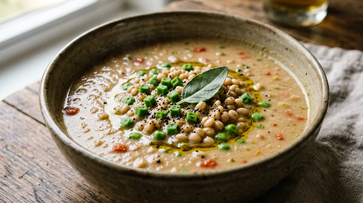 Minestra di cicerchie e farro alla salvia