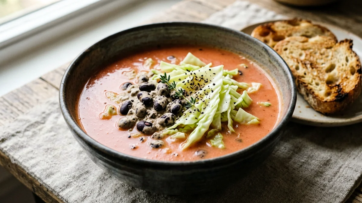 Black-eyed bean and savoy cabbage soup with croutons
